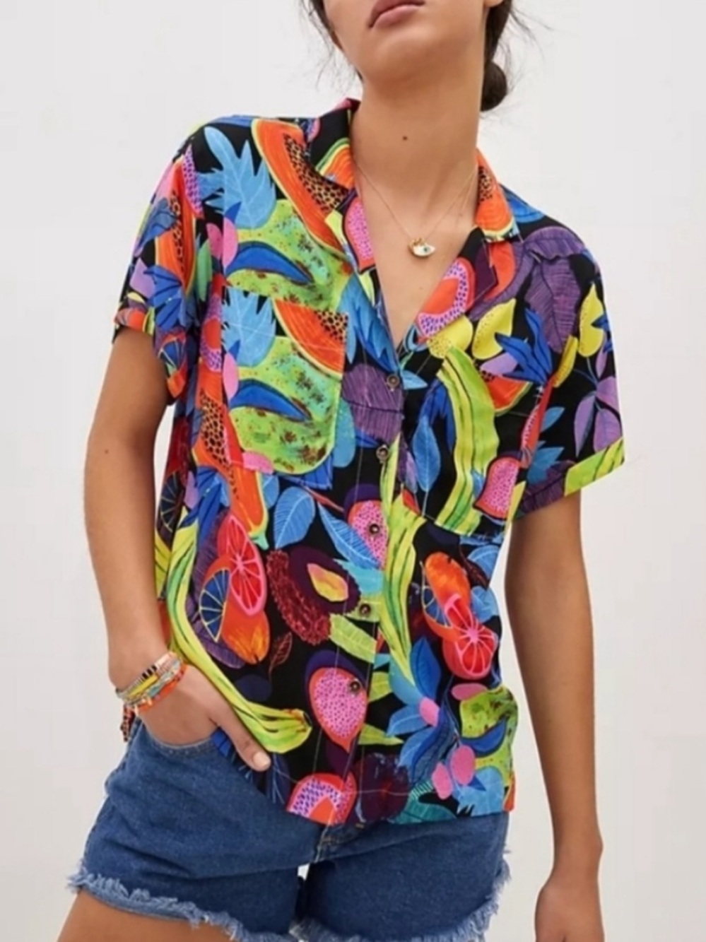 Anthropologie Orane Sigal Print Surf Shirt Tropical Fruit Multicolor XS